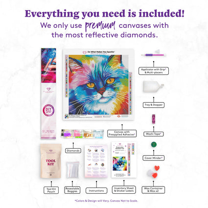 Diamond Painting Watercolor Rainbow Cat 17" x 17" (42.6cm x 42.6cm) / Round with 44 Colors including 4 ABs and 3 Fairy Dust Diamonds / 23,104