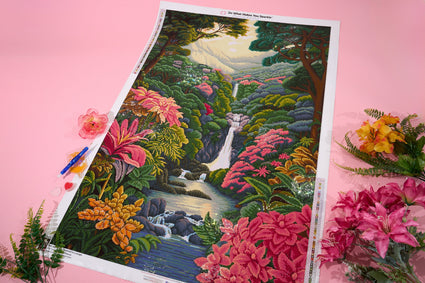 Diamond Painting Waterfall in a Jungle 27.6" x 41.3" (70cm x 105cm) / Square with 55 Colors including 4 ABs and 3 Fairy Dust Diamonds / 118,301