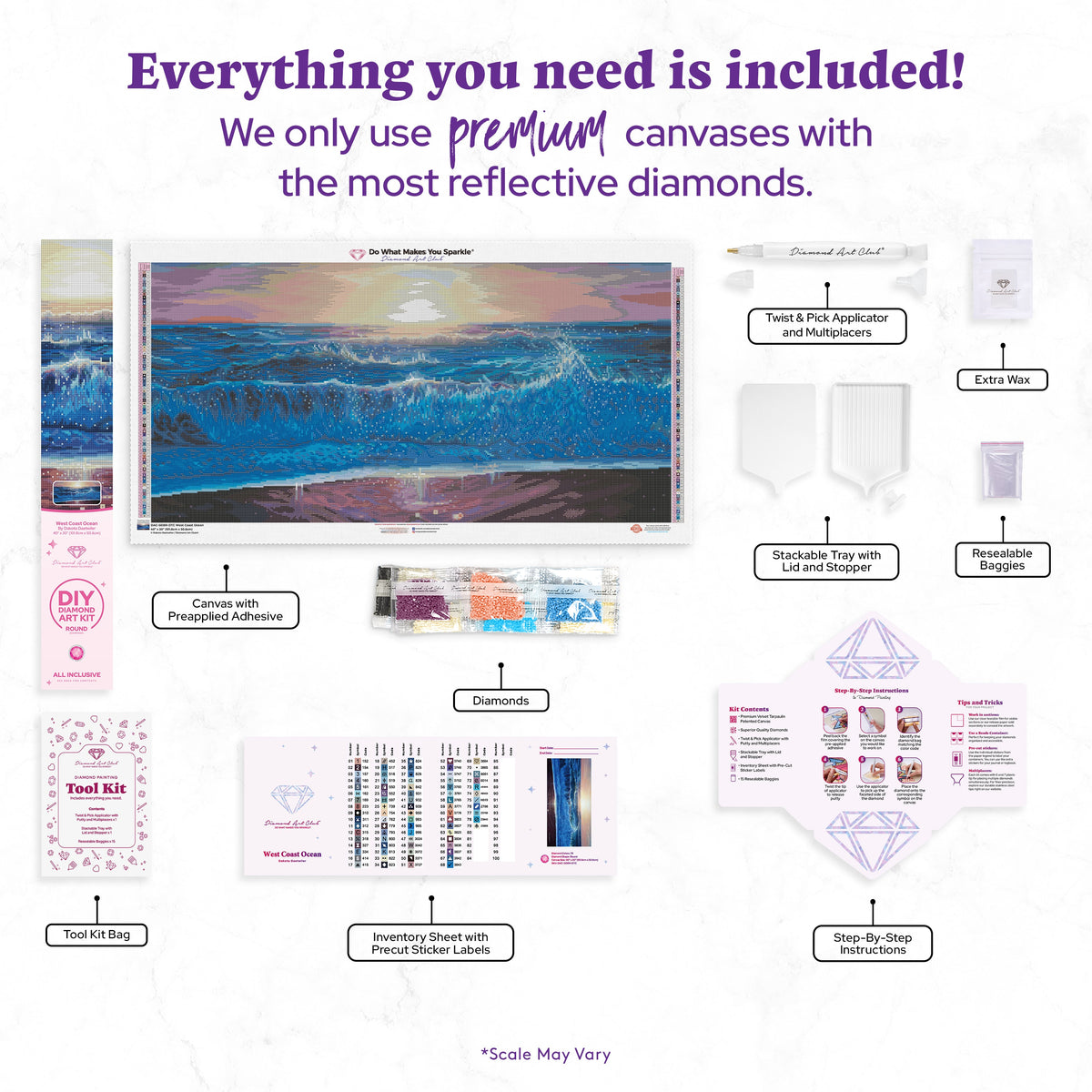 Diamond Painting West Coast Ocean 40" x 20" (101.8cm x 50.6cm) / Round with 79 Colors including 2 ABs and 1 Frosted Diamond and 4 Fairy Dust Diamonds / 68,080