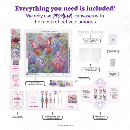 Diamond Painting Whimsical Butterflies 22" x 22" (55.6cm x 55.6cm) / Round with 53 Colors including 2 ABs and 3 Fairy Dust Diamonds / 40,804