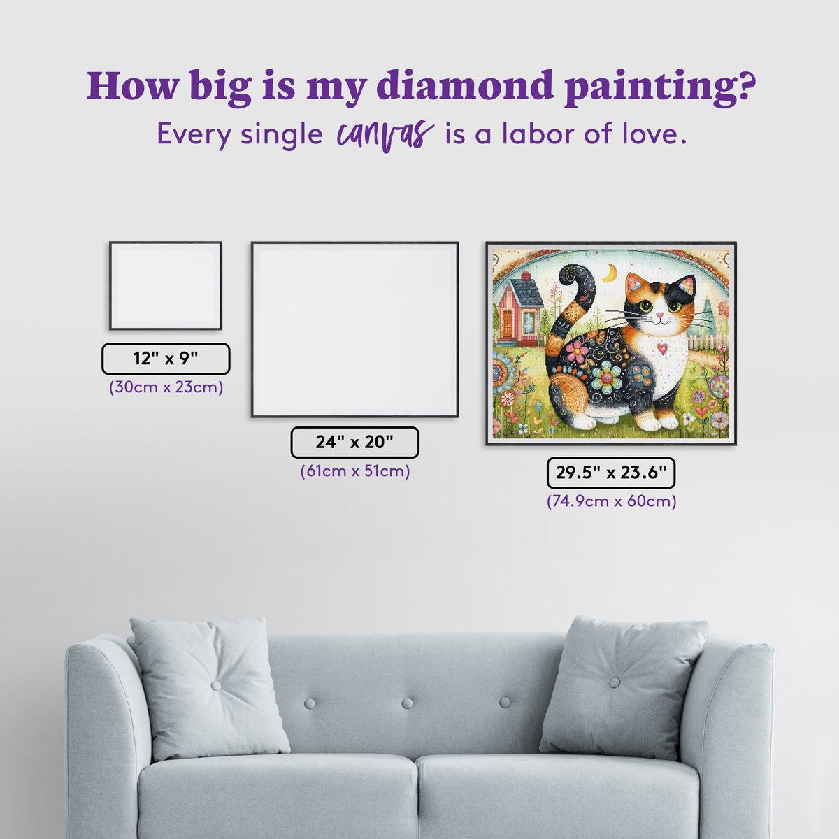 Diamond Painting Whimsical Calico Cat 29.5" x 23.6" (74.9cm x 60cm) / Square with 68 Colors including 2 ABs and 5 Fairy Dust Diamonds / 72,541