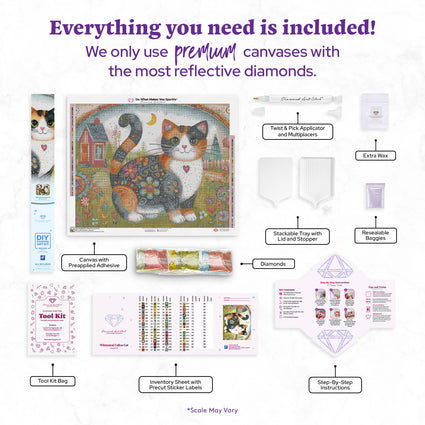 Diamond Painting Whimsical Calico Cat 29.5" x 23.6" (74.9cm x 60cm) / Square with 68 Colors including 2 ABs and 5 Fairy Dust Diamonds / 72,541