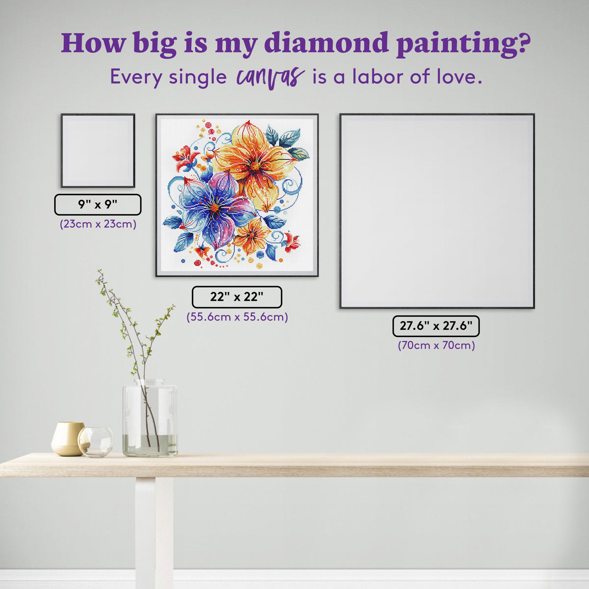 Diamond Painting Whimsical Flowers 22" x 22" (55.6cm x 55.6cm) / Round With 57 Colors Including 2 ABs and 2 Fairy Dust Diamonds / 40,804