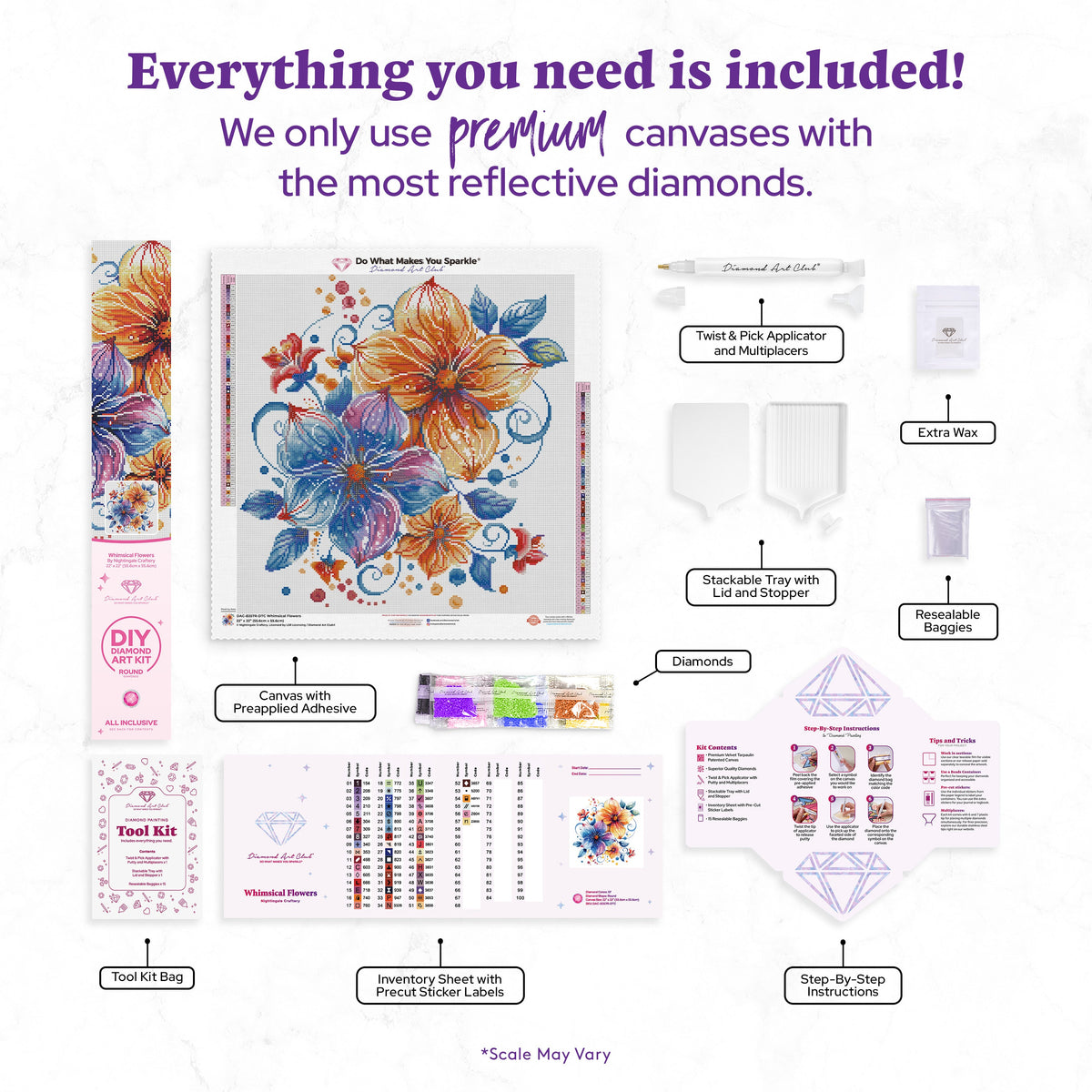 Diamond Painting Whimsical Flowers 22" x 22" (55.6cm x 55.6cm) / Round With 57 Colors Including 2 ABs and 2 Fairy Dust Diamonds / 40,804