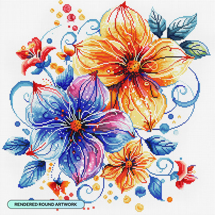 Diamond Painting Whimsical Flowers 22" x 22" (55.6cm x 55.6cm) / Round With 57 Colors Including 2 ABs and 2 Fairy Dust Diamonds / 40,804