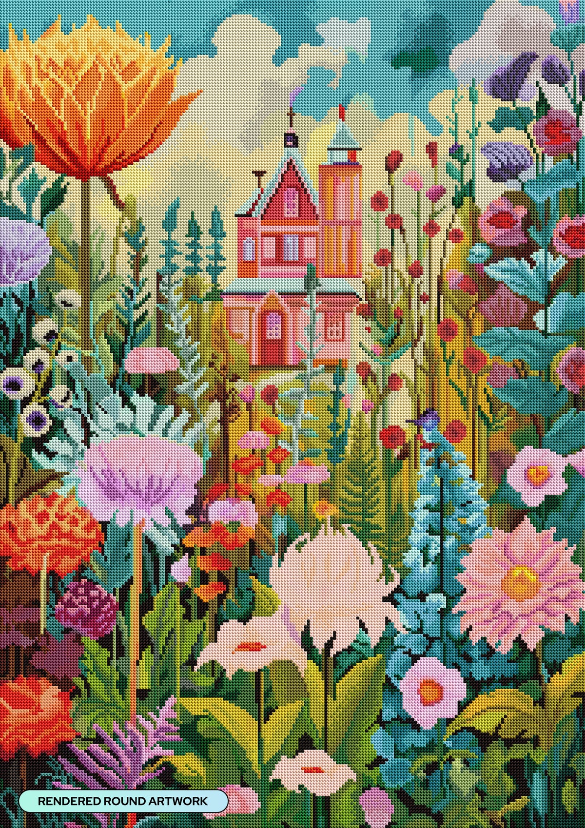 Diamond Painting Whimsical Gardens & Pink House 22" x 31" (55.6cm x 78.7cm) / Round with 71 Colors including 2 ABs and 4 Fairy Dust Diamonds / 57,772