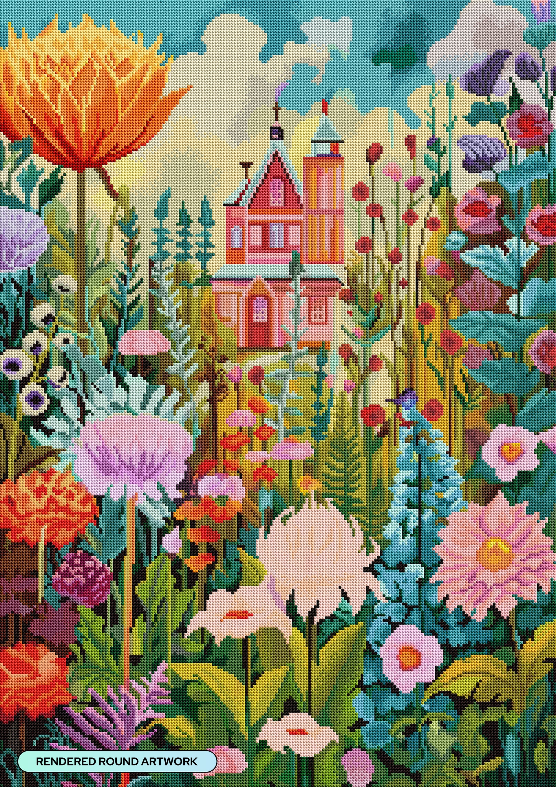 Diamond Painting Whimsical Gardens & Pink House 22" x 31" (55.6cm x 78.7cm) / Round with 71 Colors including 2 ABs and 4 Fairy Dust Diamonds / 57,772