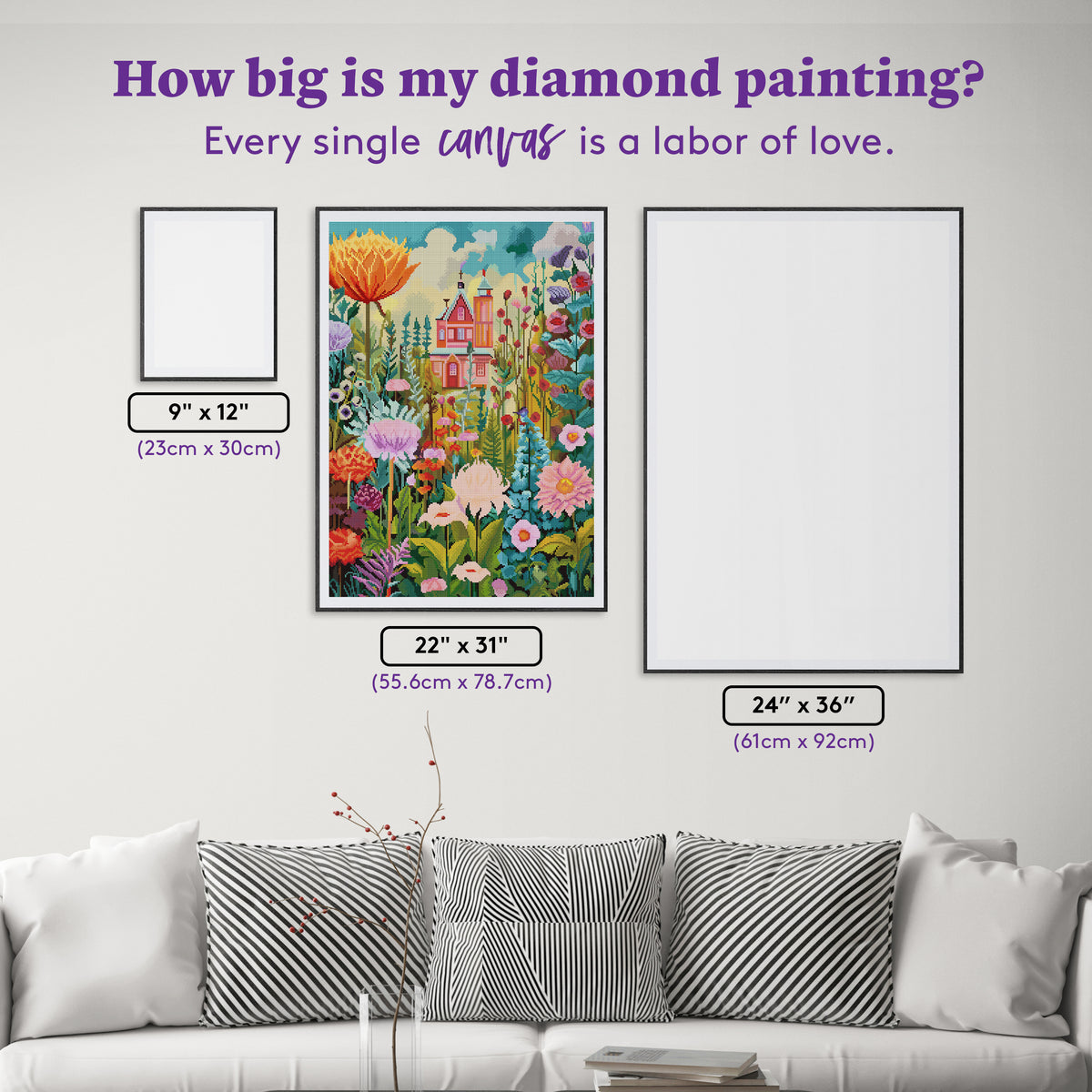 Diamond Painting Whimsical Gardens & Pink House 22" x 31" (55.6cm x 78.7cm) / Round with 71 Colors including 2 ABs and 4 Fairy Dust Diamonds / 57,772