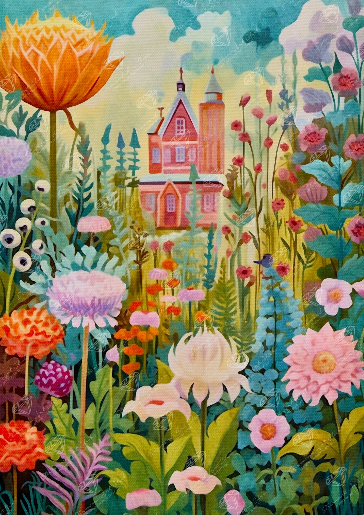 Diamond Painting Whimsical Gardens & Pink House 22" x 31" (55.6cm x 78.7cm) / Round with 71 Colors including 2 ABs and 4 Fairy Dust Diamonds / 57,772