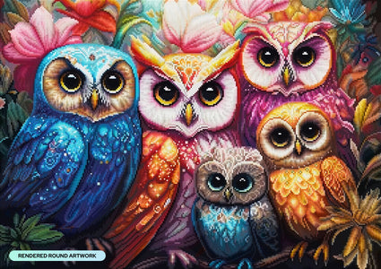 Diamond Painting Whimsical Owls 31" x 22" (78.7cm x 55.6cm) / Round with 65 Colors including 2 ABs and 3 Fairy Dust Diamonds / 57,772
