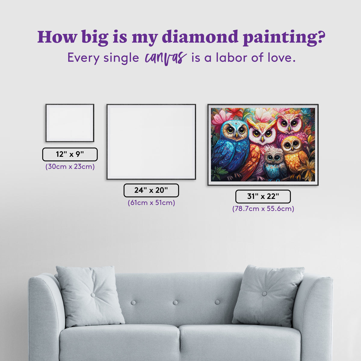 Diamond Painting Whimsical Owls 31" x 22" (78.7cm x 55.6cm) / Round with 65 Colors including 2 ABs and 3 Fairy Dust Diamonds / 57,772