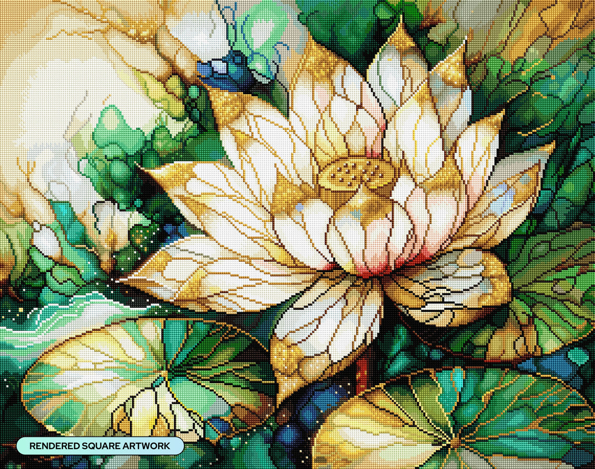 Diamond Painting White Lotus 28" x 22" (70.7cm x 55.8cm) / Square with 79 Colors including 1 AB and 1 Electro Diamond and 4 Fairy Dust Diamonds / 63,616