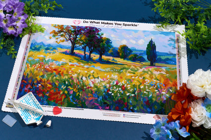 Diamond Painting Wildflower Field with Trees in the Summer Countryside 20" x 13" (50.6cm x 33cm) / Round with 83 Colors including 3 ABs and 6 Fairy Dust Diamonds / 22,080