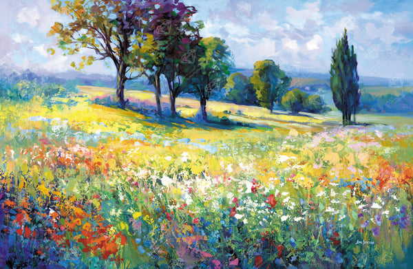 Wildflower Field with Trees in the Summer Countryside