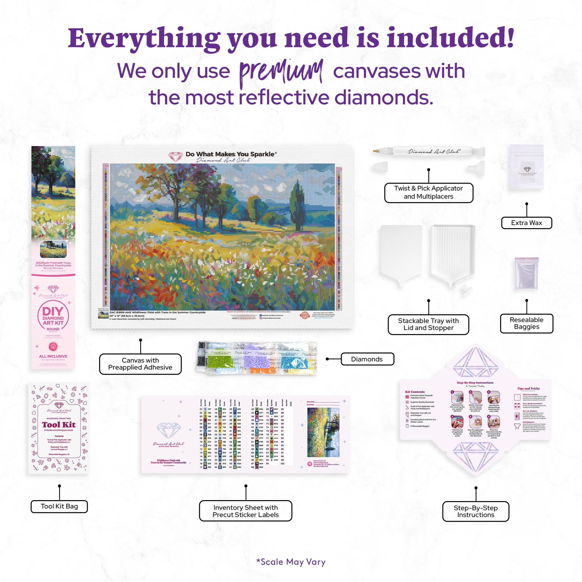 Diamond Painting Wildflower Field with Trees in the Summer Countryside 20" x 13" (50.6cm x 33cm) / Round with 83 Colors including 3 ABs and 6 Fairy Dust Diamonds / 22,080