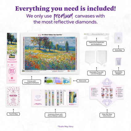 Diamond Painting Wildflower Field with Trees in the Summer Countryside 20" x 13" (50.6cm x 33cm) / Round with 83 Colors including 3 ABs and 6 Fairy Dust Diamonds / 22,080