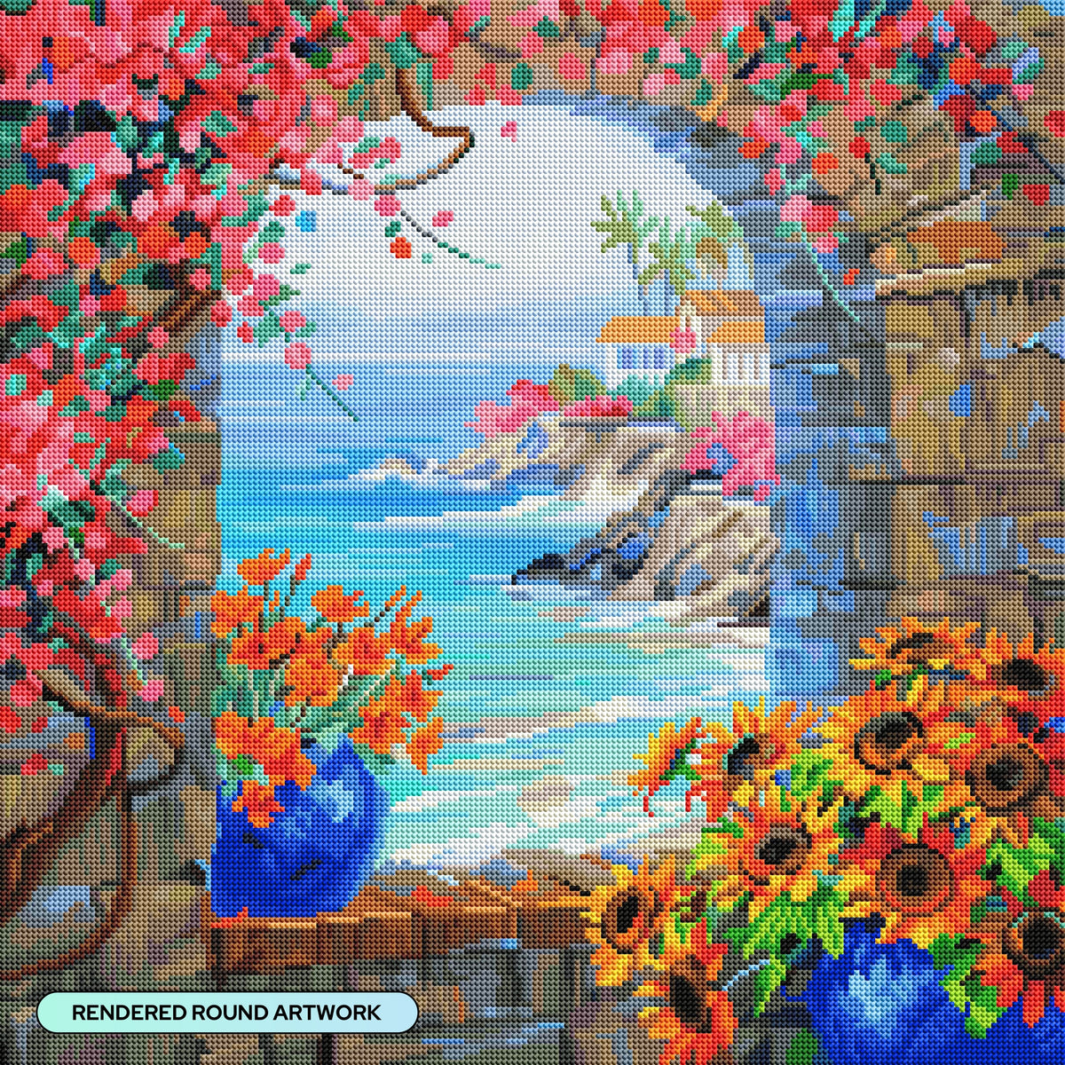 Diamond Painting Window to the Sea 22" x 22" (55.6cm x 55.6cm) / Round With 76 Colors Including 2 ABs and 3 Fairy Dust Diamonds / 40,804