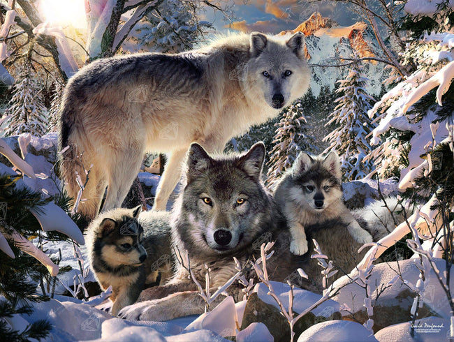 Diamond Painting Winter Wolf Family 36.6" x 27.6" (93cm x 70cm) / Square with 48 Colors including 2 ABs and 3 Fairy Dust Diamonds / 104,813