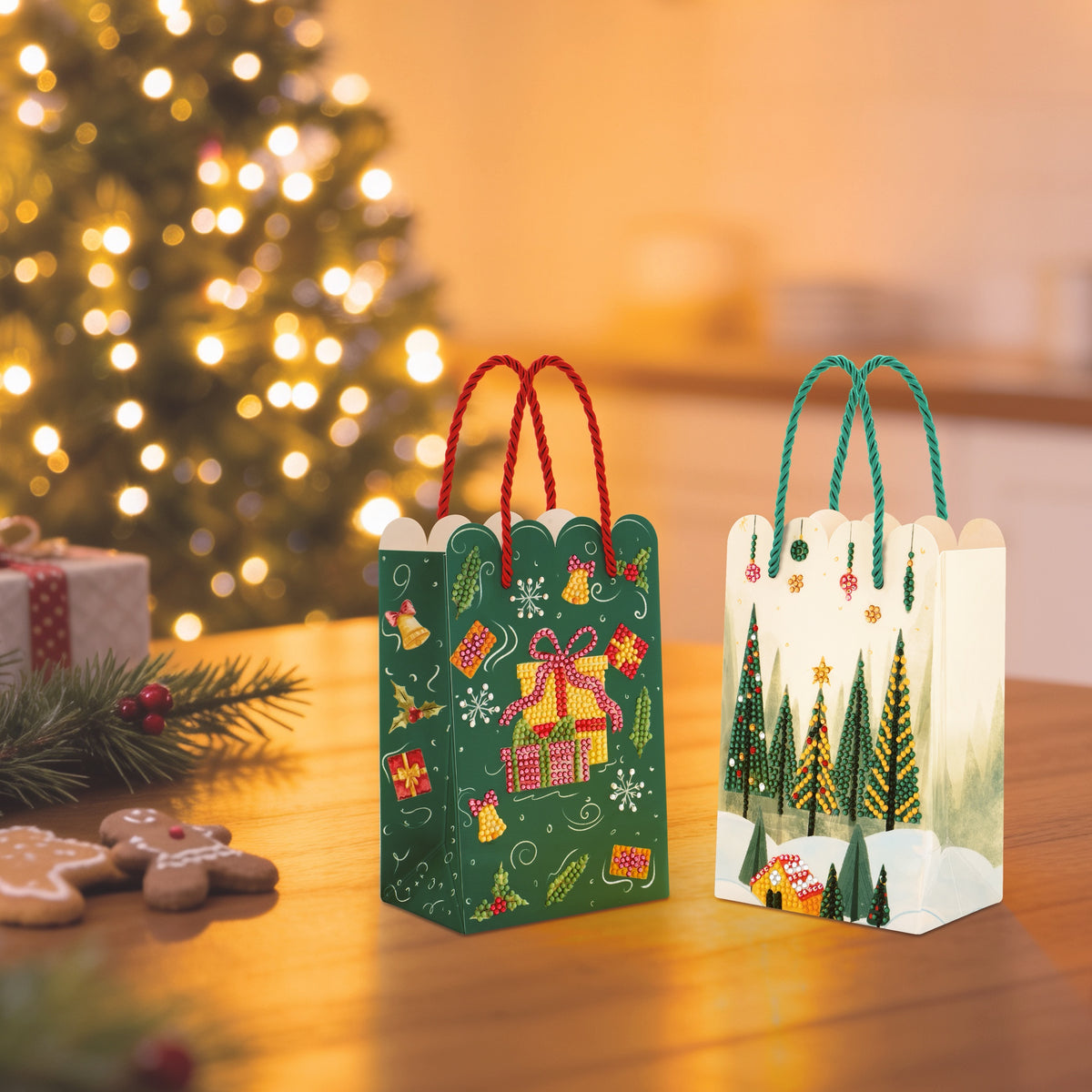 Diamond Painting Winter Wonderland & Jolly Gifts - Gift Bags (Set of 2) 7.3" x 4.7" (18.5cm x 12cm) / Round With 7 Colors Including 1 AB and 2 Iridescent Diamonds and 1 Fairy Dust Diamond / 1,693