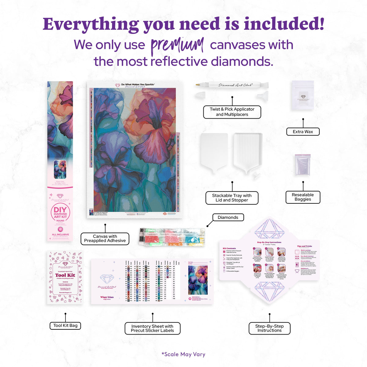 Diamond Painting Wispy Irises 20" x 30" (50.6cm x 76cm) / Round with 74 Colors including 1 AB and 3 Fairy Dust Diamonds / 50,784