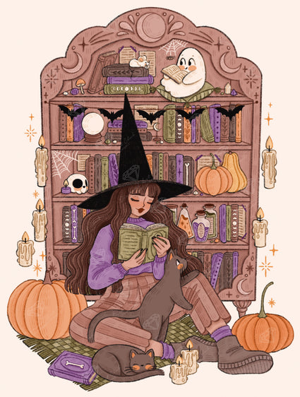 Diamond Painting Witch Reading in Front of a Bookshelf 25.6" x 33.9" (65cm x 85.9cm) / Square with 48 Colors including 1 AB and 6 Fairy Dust Diamonds / 60,999