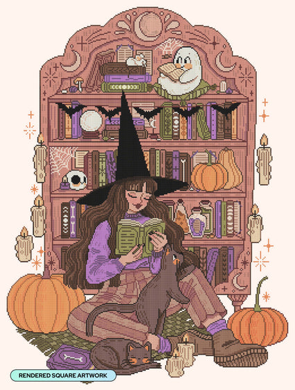 Diamond Painting Witch Reading in Front of a Bookshelf 25.6" x 33.9" (65cm x 85.9cm) / Square with 48 Colors including 1 AB and 6 Fairy Dust Diamonds / 60,999