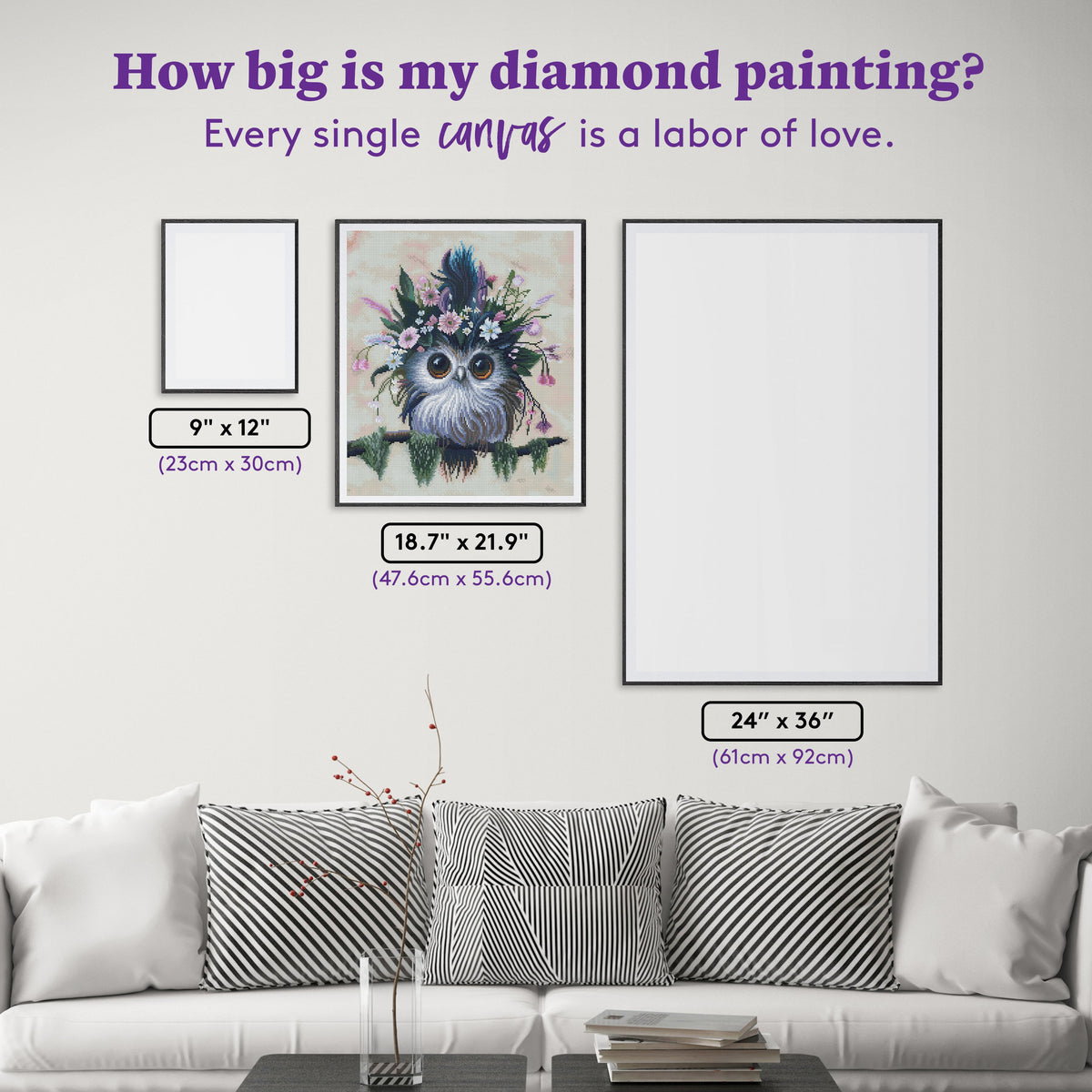 Diamond Painting Woodleigh Floriferous Owl 18.7" x 21.9" (47.6cm x 55.6cm) / Round with 63 Colors including 3 ABs and 2 Fairy Dust Diamonds / 34,946
