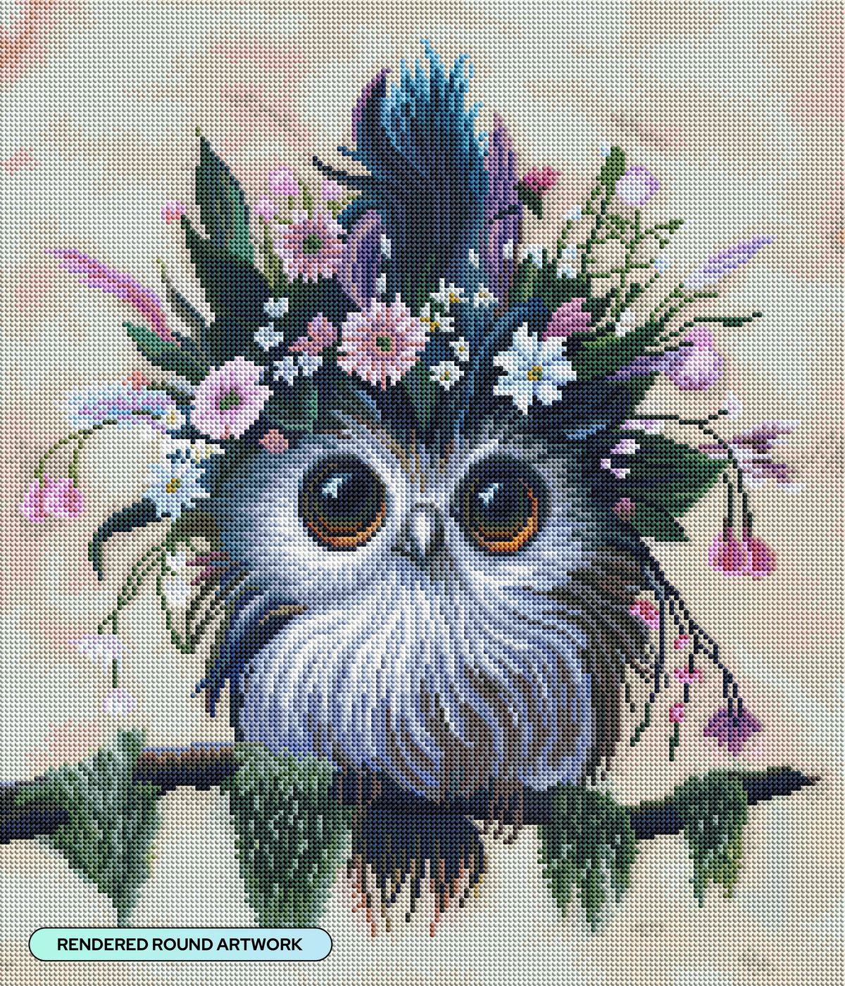 Diamond Painting Woodleigh Floriferous Owl 18.7" x 21.9" (47.6cm x 55.6cm) / Round with 63 Colors including 3 ABs and 2 Fairy Dust Diamonds / 34,946