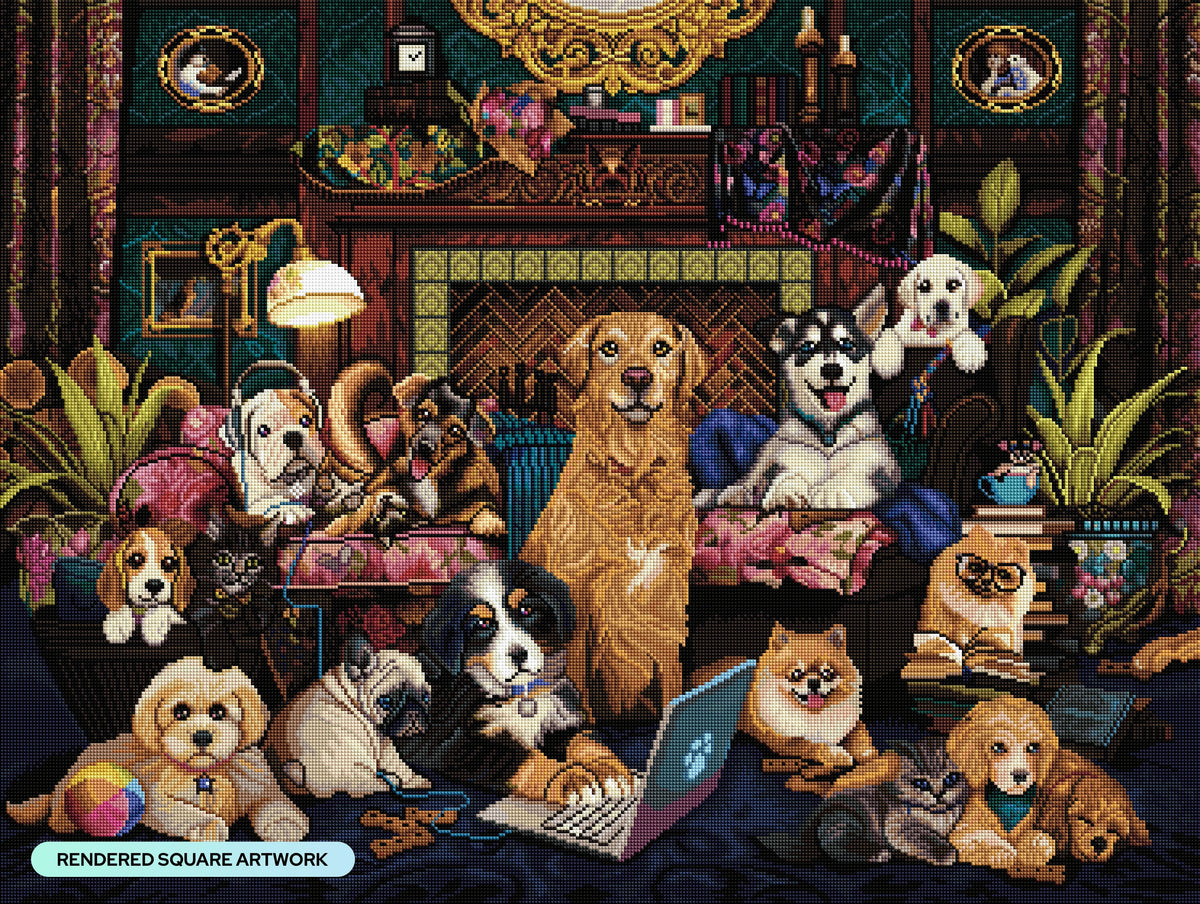 Diamond Painting Woofing from Home 36.6" x 27.6" (93cm x 70cm) / Square With 77 Colors Including 4 ABs and 3 Fairy Dust Diamonds / 104,813