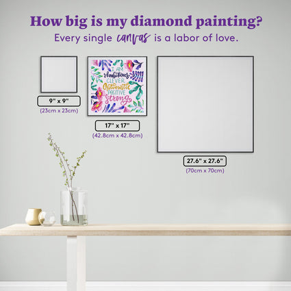 Diamond Painting Words of Affirmation 17" x 17" (42.8cm x 42.8cm) / Square with 39 Colors including 2 ABs, 2Electro Diamonds, 3 Fairy Dust Diamonds, and 1 Iridescent Diamond / 29,584