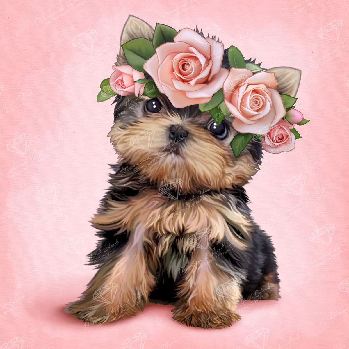 Diamond Painting Yorkie & Roses 13" x 13″ (33cm x 33cm) / Square with 33 Colors including 4 ABs / 7,047