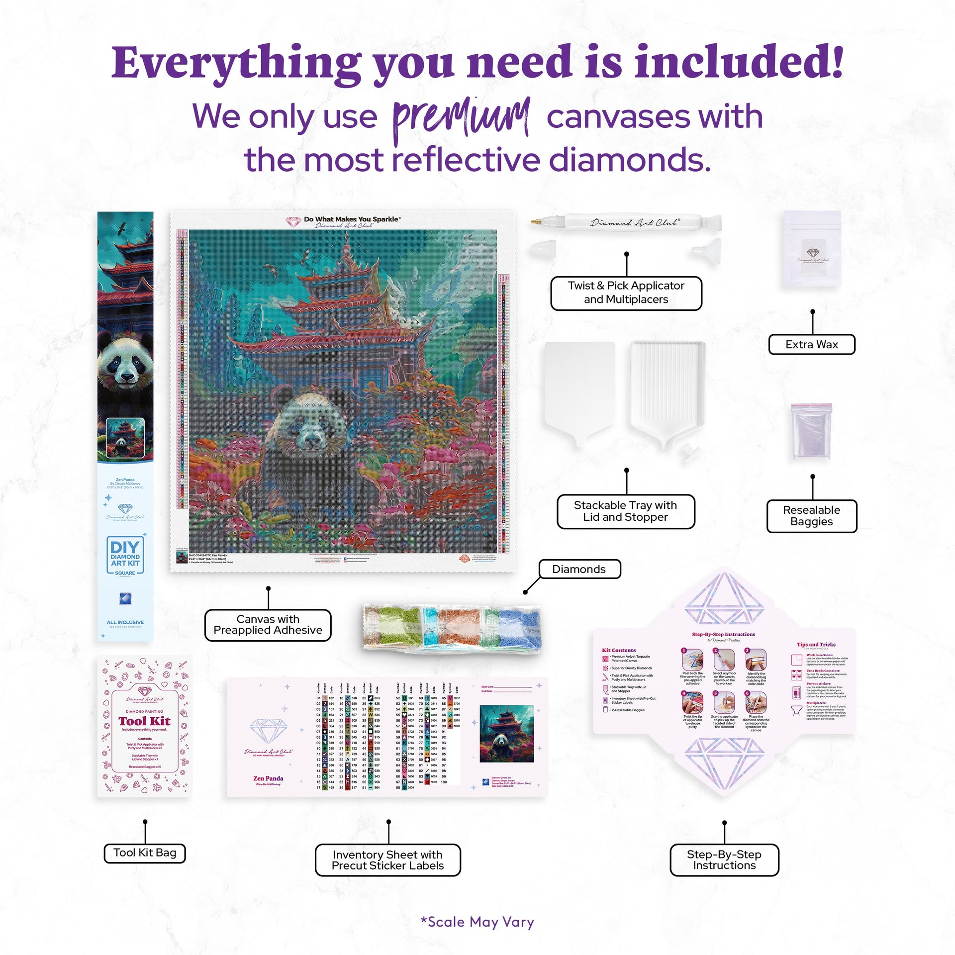 Diamond Painting Zen Panda 25.6" x 26.8" (65cm x 68cm) / Square with 90 Colors including 2 ABs and 5 Fairy Dust Diamonds / 71,253