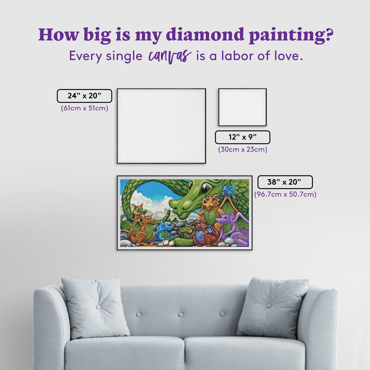 Diamond Painting A Gathering of Dragons & Draglings 20" x 38" (50.7cm x 96.7cm) / Round with 59 Colors including 4 ABs / 62,445