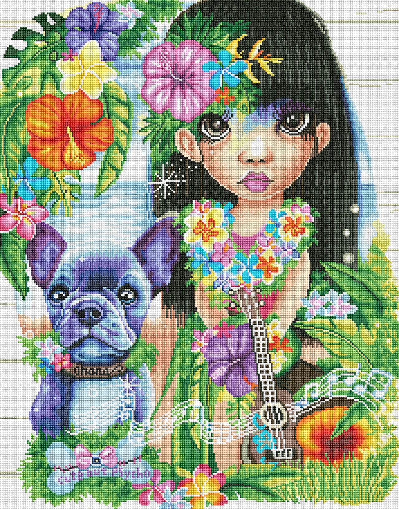 Diamond Painting A Hawaiian Girl And Her Dog 22" x 28″ (56cm x 71cm) / Square with 63 Colors including 3 ABs / 62,322