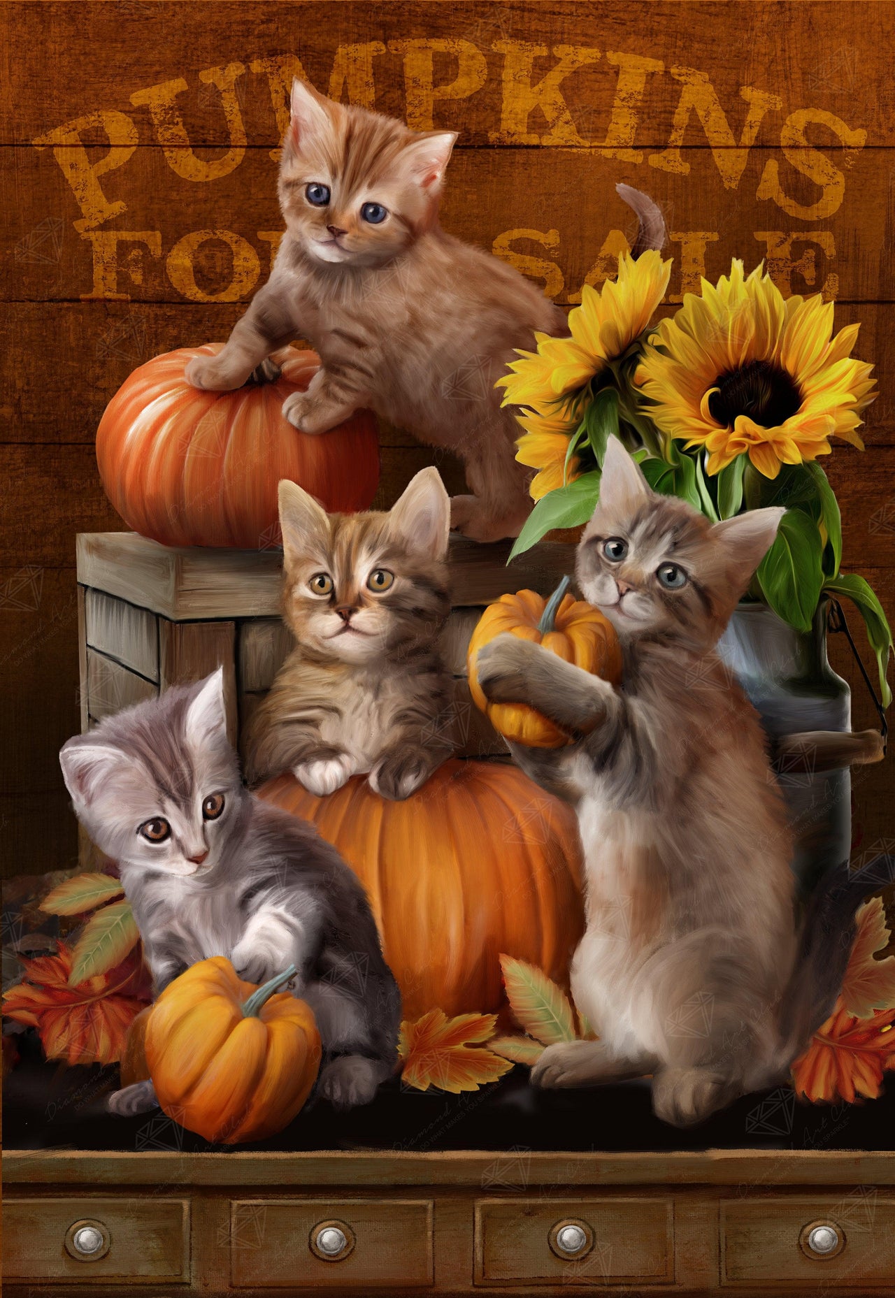 Diamond Painting Autumn Kittens 22" x 32" (55.8cm x 80.9cm) / Square With 55 Colors Including 4 ABs / 72,800