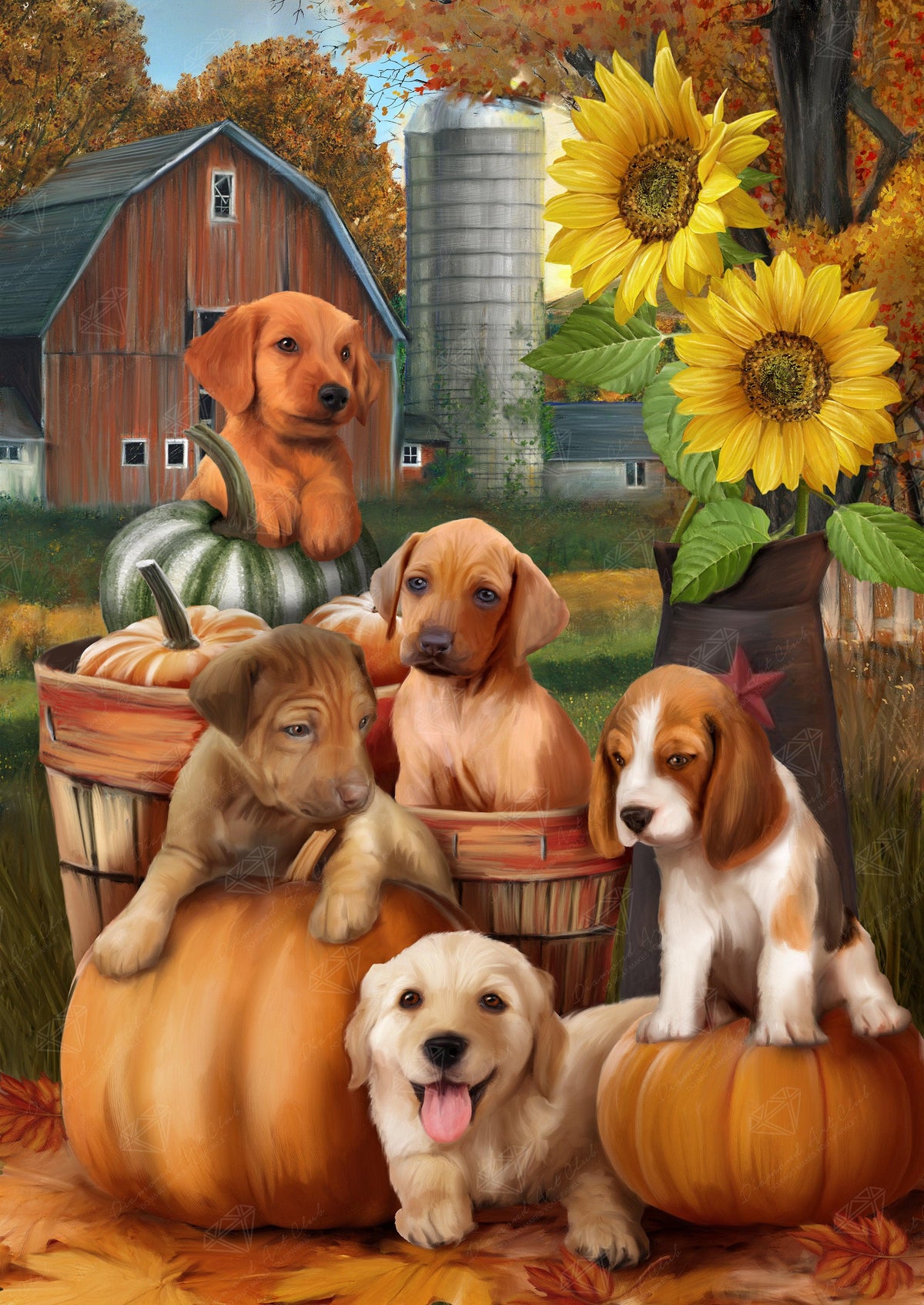 Diamond Painting Autumn Puppies 22" x 31" (55.8cm x 78.7cm) / Round With 47 Colors Including 3 ABs / 55,919