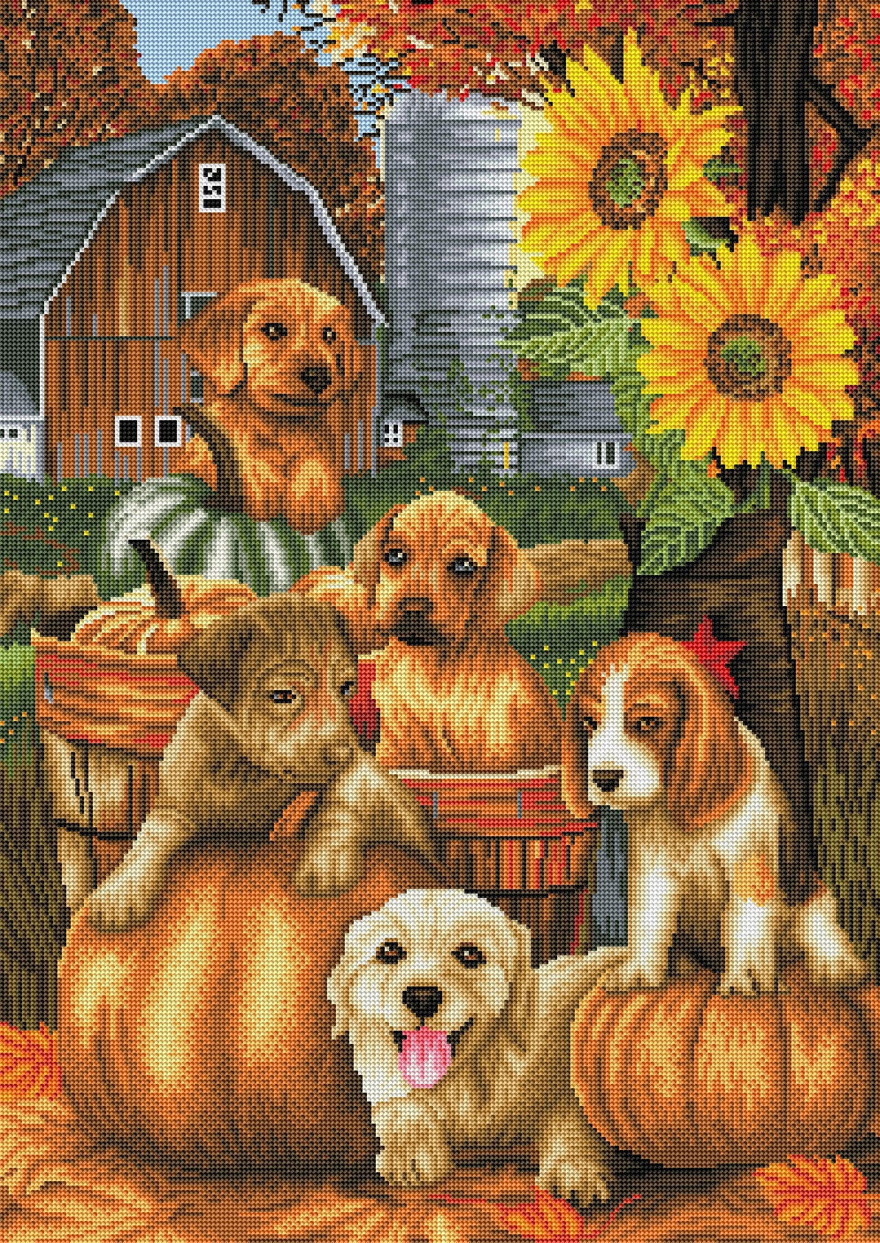 Diamond Painting Autumn Puppies 22" x 31" (55.8cm x 78.7cm) / Round With 47 Colors Including 3 ABs / 55,919
