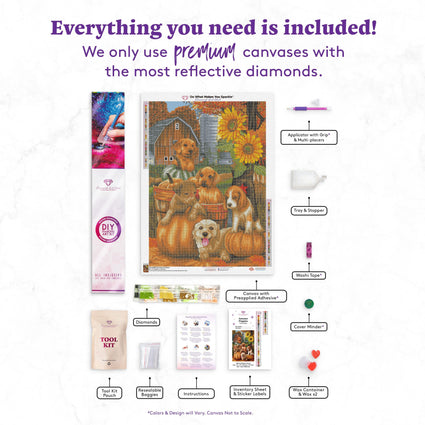 Diamond Painting Autumn Puppies 22" x 31" (55.8cm x 78.7cm) / Round With 47 Colors Including 3 ABs / 55,919