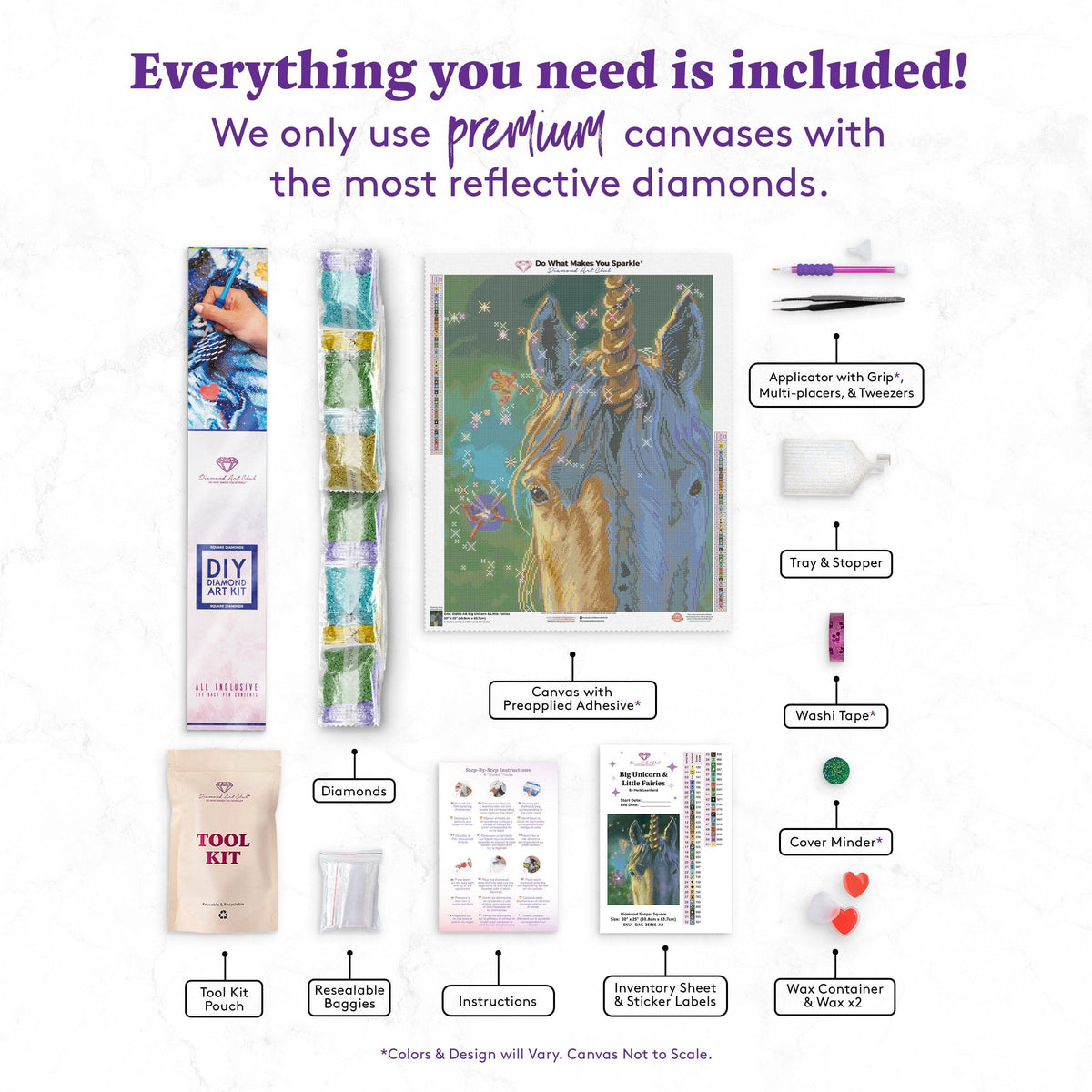Diamond Painting Big Unicorn & Little Fairies 20" x 25" (50.8cm x 63.7cm) / Square with 51 Colors including 3 ABs / 52,224