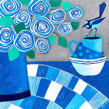 Diamond Painting Blue Summer Wren Round With 9 Colors Including 1 AB / 6.7″ x 6.7″ (17cm x 17cm) / 3,600