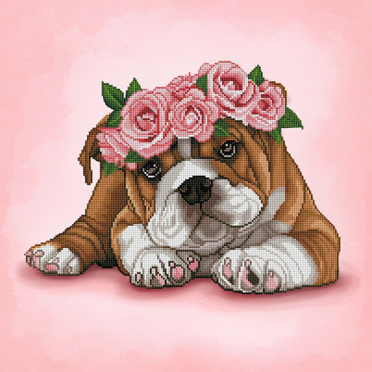 Diamond Painting Bulldog & Roses 20" x 20" (51cm x 51cm) / Square with 30 Colors including 4 ABs / 13,911