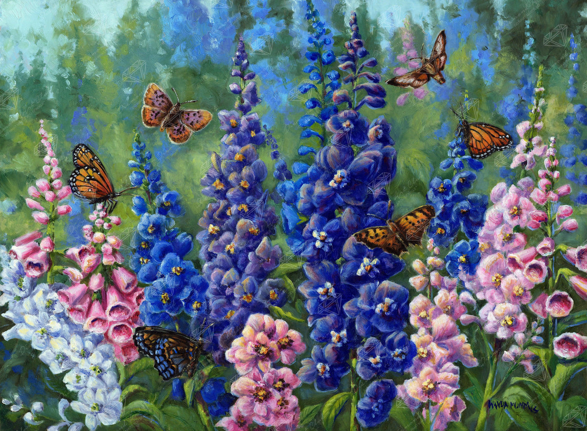 Diamond Painting Butterfly and Delphinium 30" x 22" (76cm x 56cm) / Square with 54 Colors including 4 ABs / 68,320
