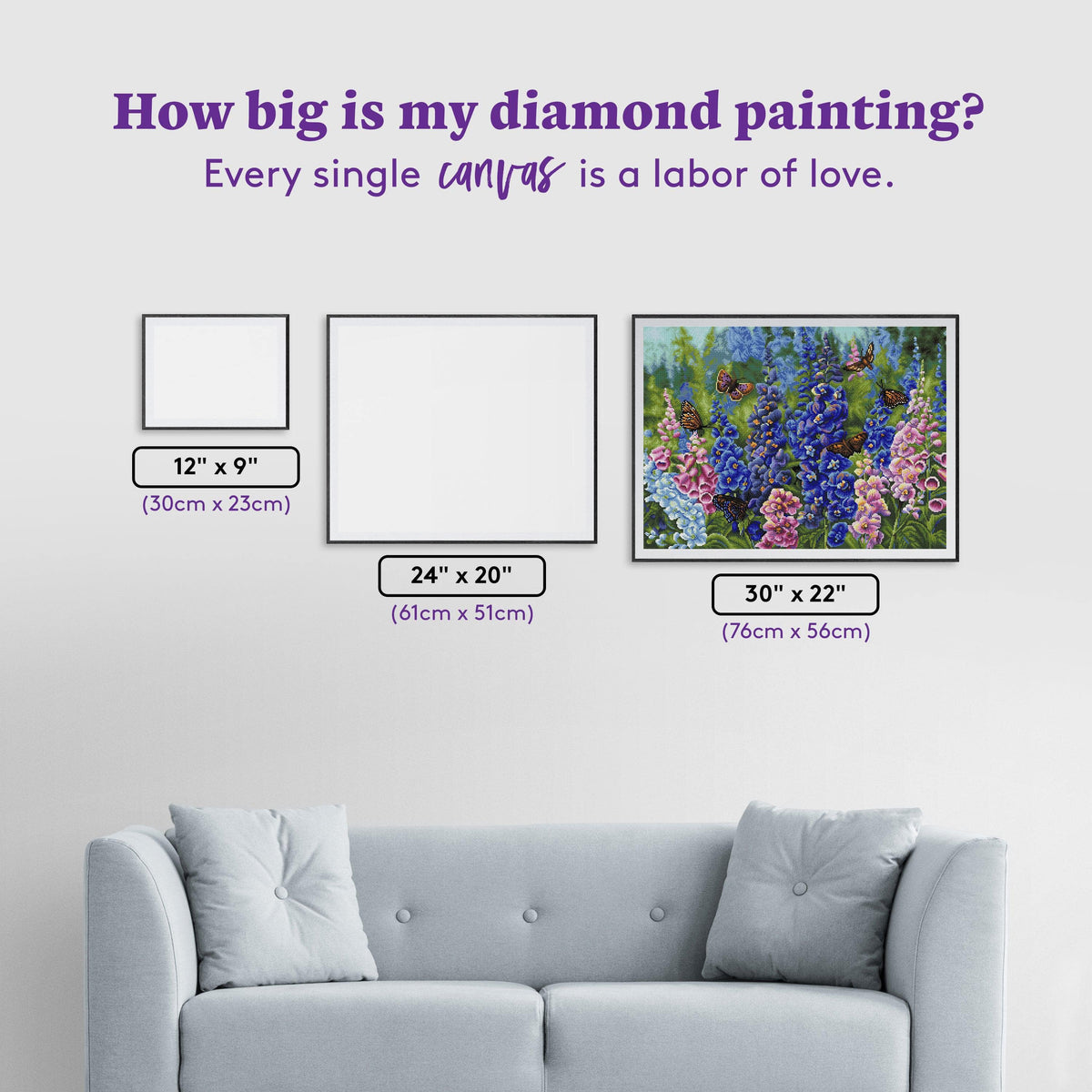 Diamond Painting Butterfly and Delphinium 30" x 22" (76cm x 56cm) / Square with 54 Colors including 4 ABs / 68,320