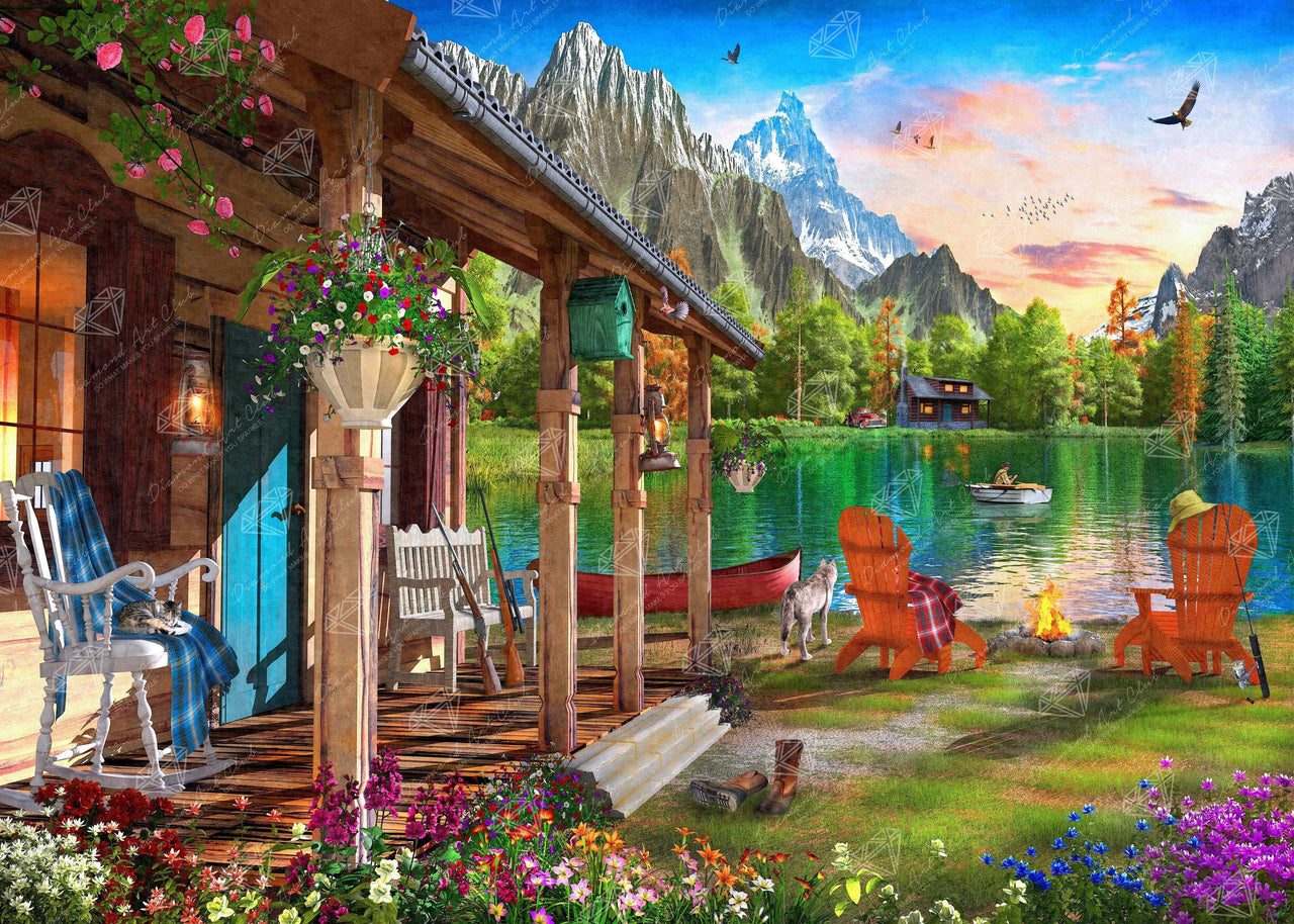 Diamond Painting Cabin Porch View 38.6" x 27.6″ (98cm x 70cm) / Square with 67 Colors including 4 ABs / 107,474