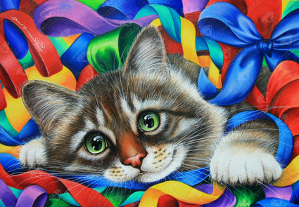 Diamond Painting Cat Playing In Ribbons 26" x 18″ (66cm x 46cm) / Round with 53 Colors including 2 ABs