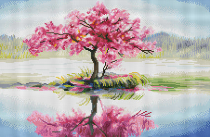 Diamond Painting Cherry Blossom Reflection 16.5" x 25.2″ (42cm x 64cm) / Round With 39 Colors Including 3 ABs / 33,448