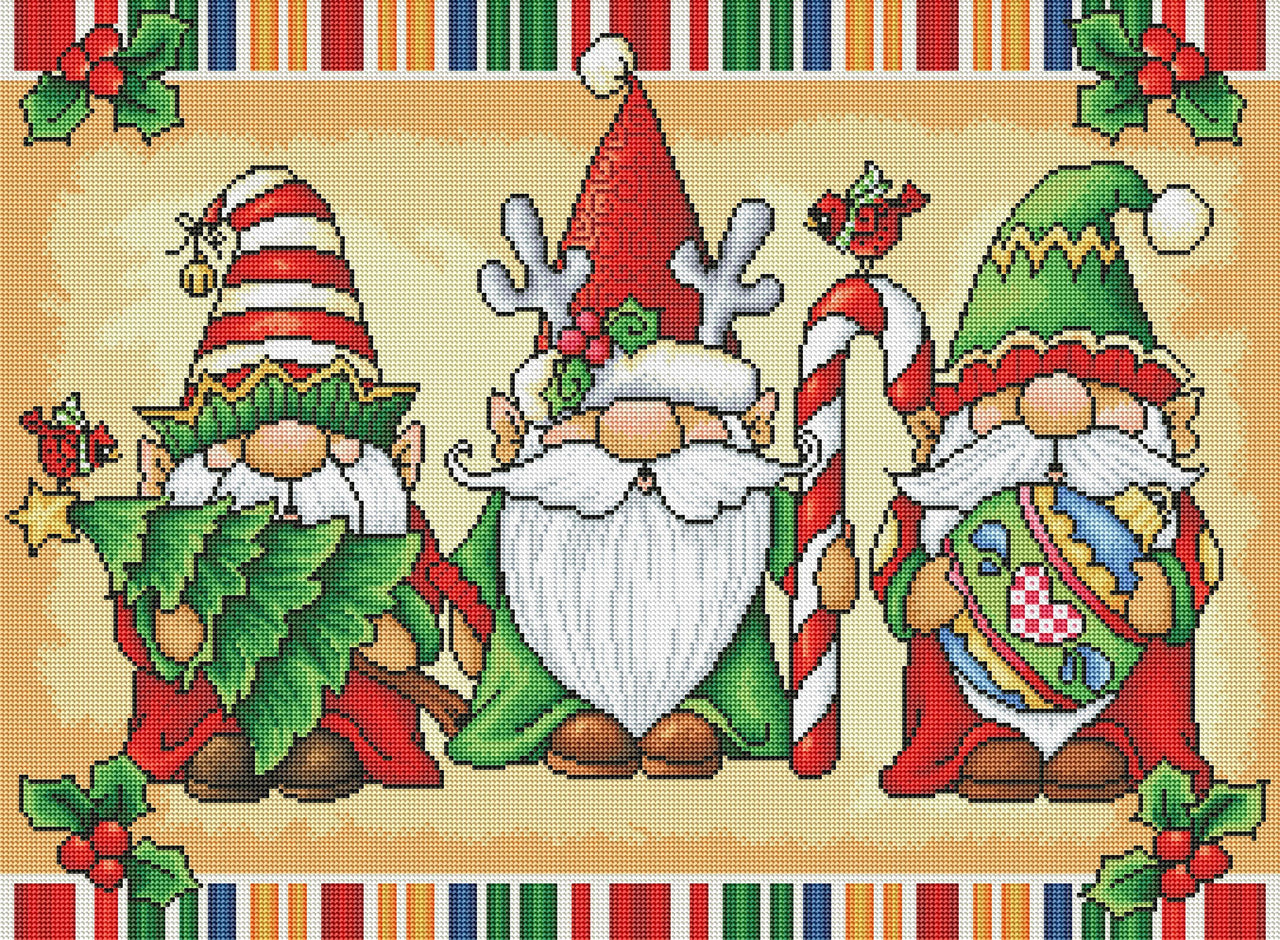 Diamond Painting Christmas Gnome Trio 30" x 22″ (76cm x 56cm) / Round with 55 Colors including 3 ABs and 1 Glow-in-the-dark AB / 53,929