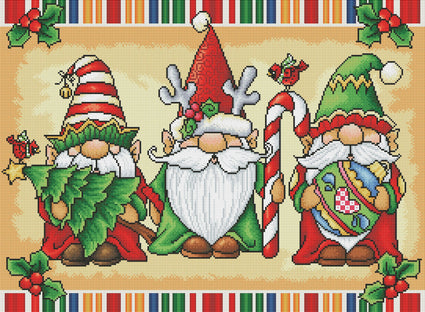 Diamond Painting Christmas Gnome Trio 30" x 22″ (76cm x 56cm) / Round with 55 Colors including 3 ABs and 1 Glow-in-the-dark AB / 53,929