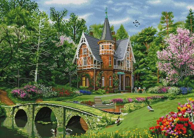 Diamond Painting Cobbled Bridge Cottage 38.6" x 27.6″ (98cm x 70cm) / Square with 54 Colors including 3 ABs / 107,476