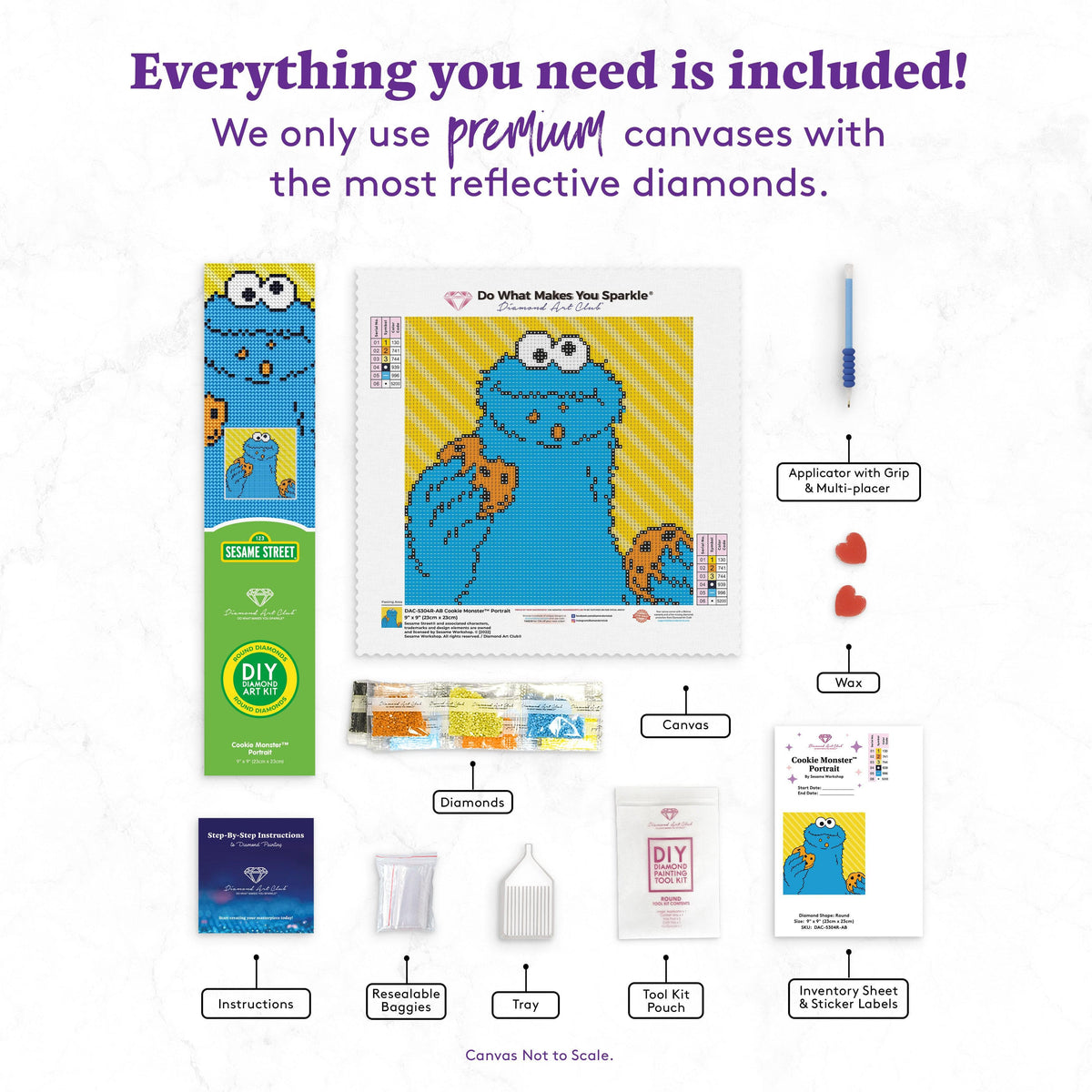 Diamond Painting Cookie Monster™ Portrait 9" x 9" (23cm x 23cm) / Round with 6 Colors including 1 AB / 6,561